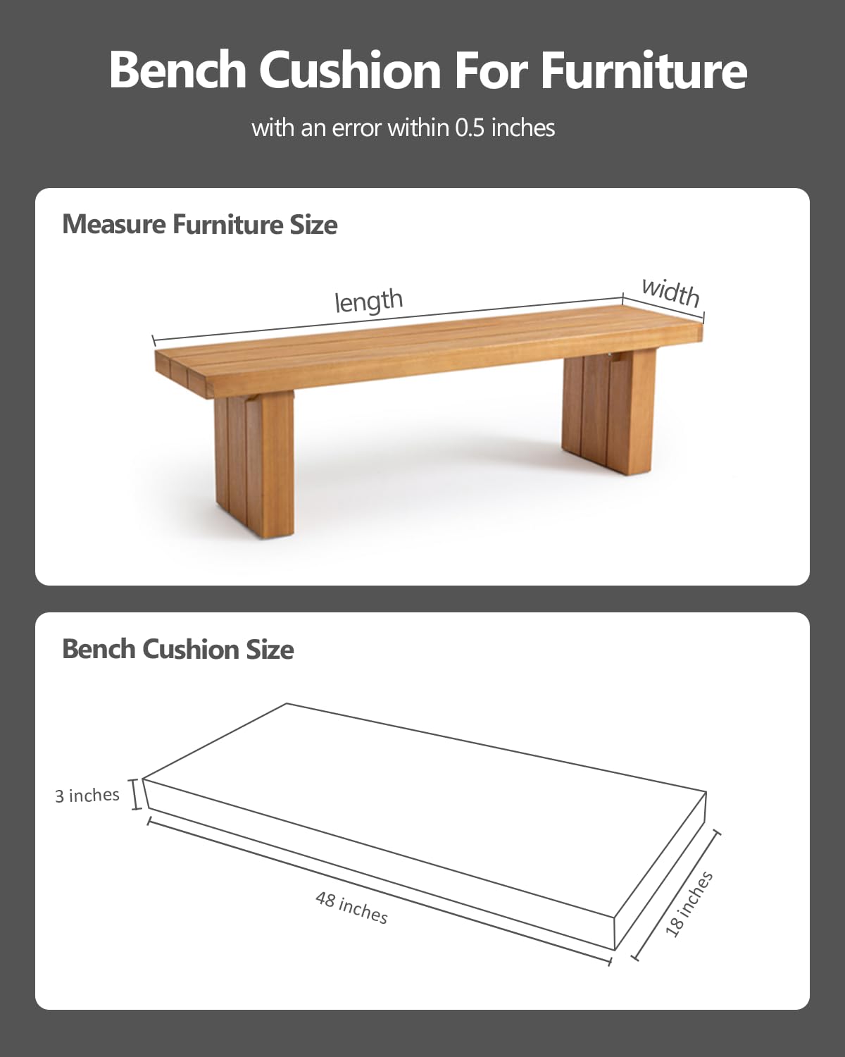 Navenwelle 48x18x3“ Outdoor Bench Cushion, Strengthen Waterproof Seat Cushions, High-Density Bench Pad with Anti-Slip Bottom, Outdoor Cushion for Patio Garden Swing Furniture (Grey)