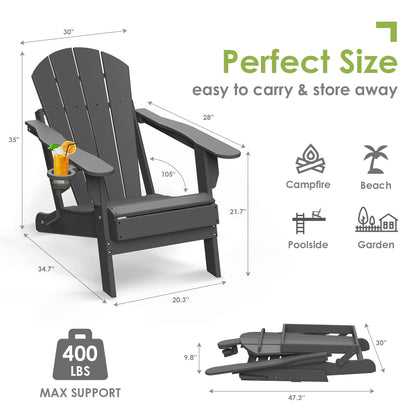 GREENVINES Folding-Adirondack-Chairs-Set-of-2 | HDPE Plastic | Fire Pit Chair | All Weather | Cup Holder | Grey | for Deck Backyard Patio Outdoor Garden