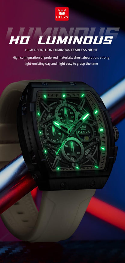 OLEVS Men Wrsit Watches White Luxury Square Watch Chronograph Analog Quartz Moon Phase Watch for Man Relojes De Hombre