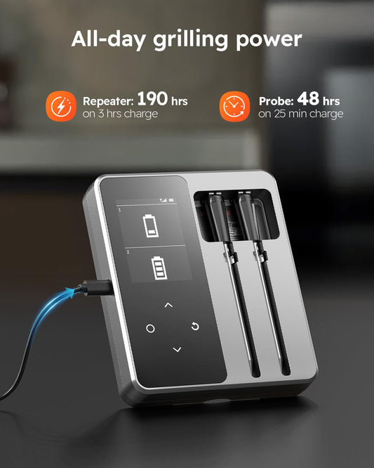 Wireless Meat Thermometer with App Control, 600FT Bluetooth Range, Dual Probes & 6 Sensors, 0.5S Instant Read, LCD Display, IP67 Waterproof Real-Time Monitoring & Smart Alerts for BBQ, Grill, Oven