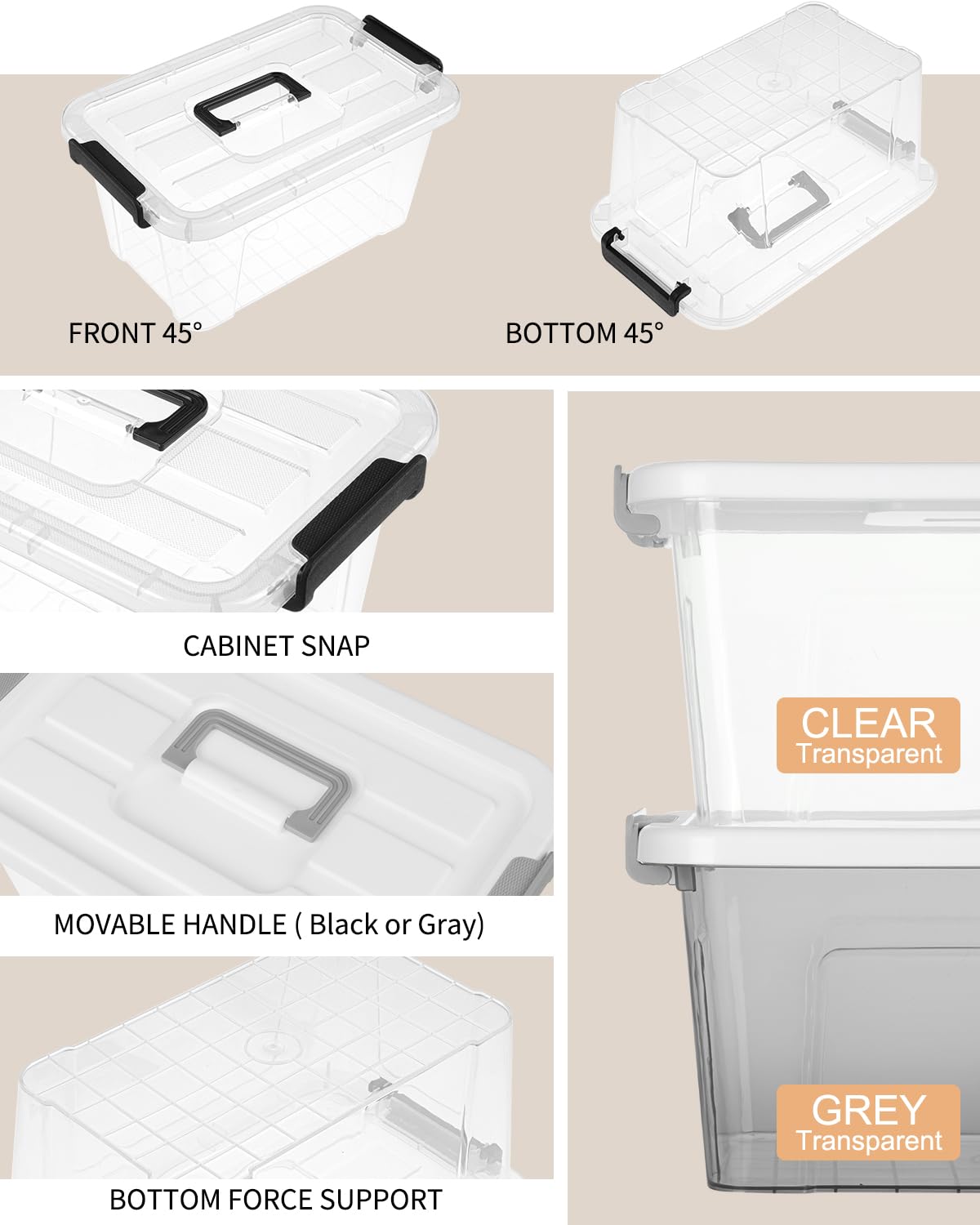 AREYZIN Plastic Storage Bins With Lids,6 Pack Storage Organizer Bins,7 Quart Stackable Storage container with Lid and Gray Handle Buckle Easy for Home Office Organization, with White Lids