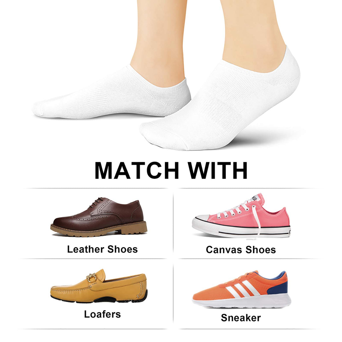 wernies Women No Show Socks Invisible Loafer Flat No Slip Rise Flats Ankle Liners Short Thin Low Cut, white, 5-8