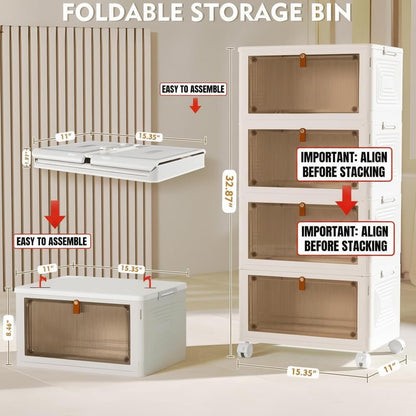 YFXCVSL 4 Tier Plastic Storage Bins with Lid 24QT, Stackable Storage Containers with Wheels, Folding Storage Boxes, Collapsible Storage Bins, Closet Organizers and Storage for Living Room,Office,Dorm