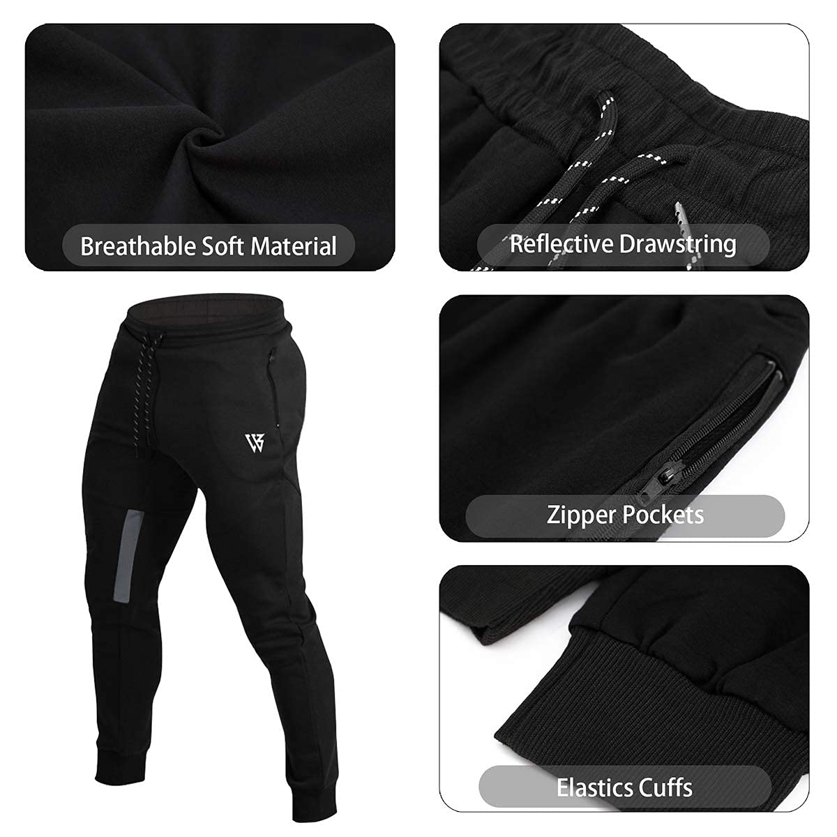 ZENWILL Mens Tapered Workout Running Pants,Gym Jogger Training Sweatpants Slim Fit with Zip Pockets (Large, Black)