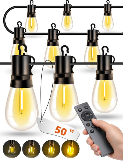 VOZUJI Outdoor Patio String Lights: S14 Shatterproof Bulb Outside Waterproof Light - 50Ft 15M Remote Dimmable Connectable Hanging Outdoor Electric Lighting - Garden Backyard Yard Gazebo Porch Party