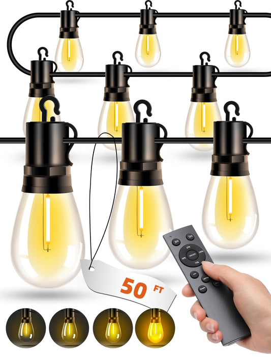 VOZUJI Outdoor Patio String Lights: S14 Shatterproof Bulb Outside Waterproof Light - 50Ft 15M Remote Dimmable Connectable Hanging Outdoor Electric Lighting - Garden Backyard Yard Gazebo Porch Party