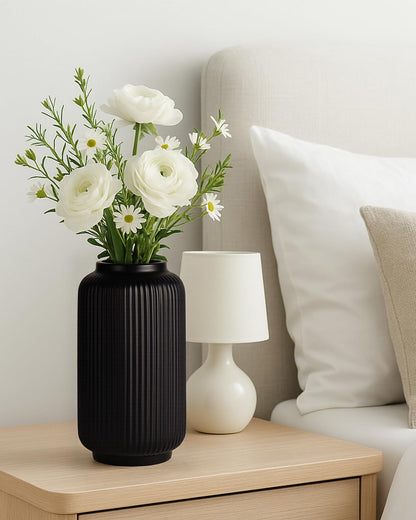 Black Ceramic Flower Vase, 8 Inch Ribbed Vase for Pampas Grass, Fresh or Dried Flowers, Decorative Centerpiece for Living Room, Kitchen, Bookshelf, Office Decor