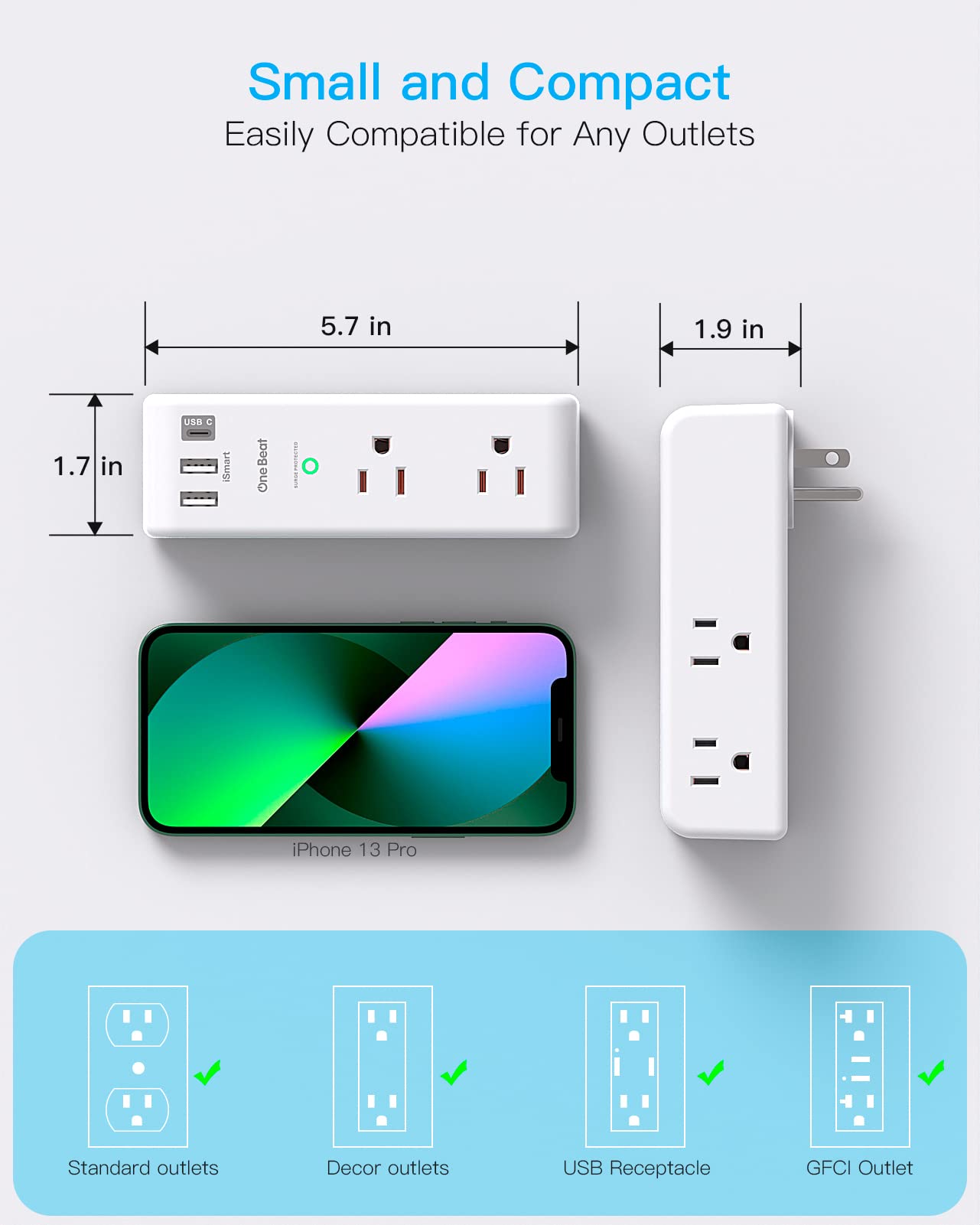 Surge Protector Outlet Extender with Rotating Plug, One Beat 6 AC Multi Plug Outlet with 3 USB Ports (1 USB C), 1800J Wall Charger, 3-Sided Power Strip Spaced Outlet Splitter for Home Office Travel