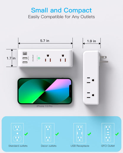 Surge Protector Outlet Extender with Rotating Plug, One Beat 6 AC Multi Plug Outlet with 3 USB Ports (1 USB C), 1800J Wall Charger, 3-Sided Power Strip Spaced Outlet Splitter for Home Office Travel