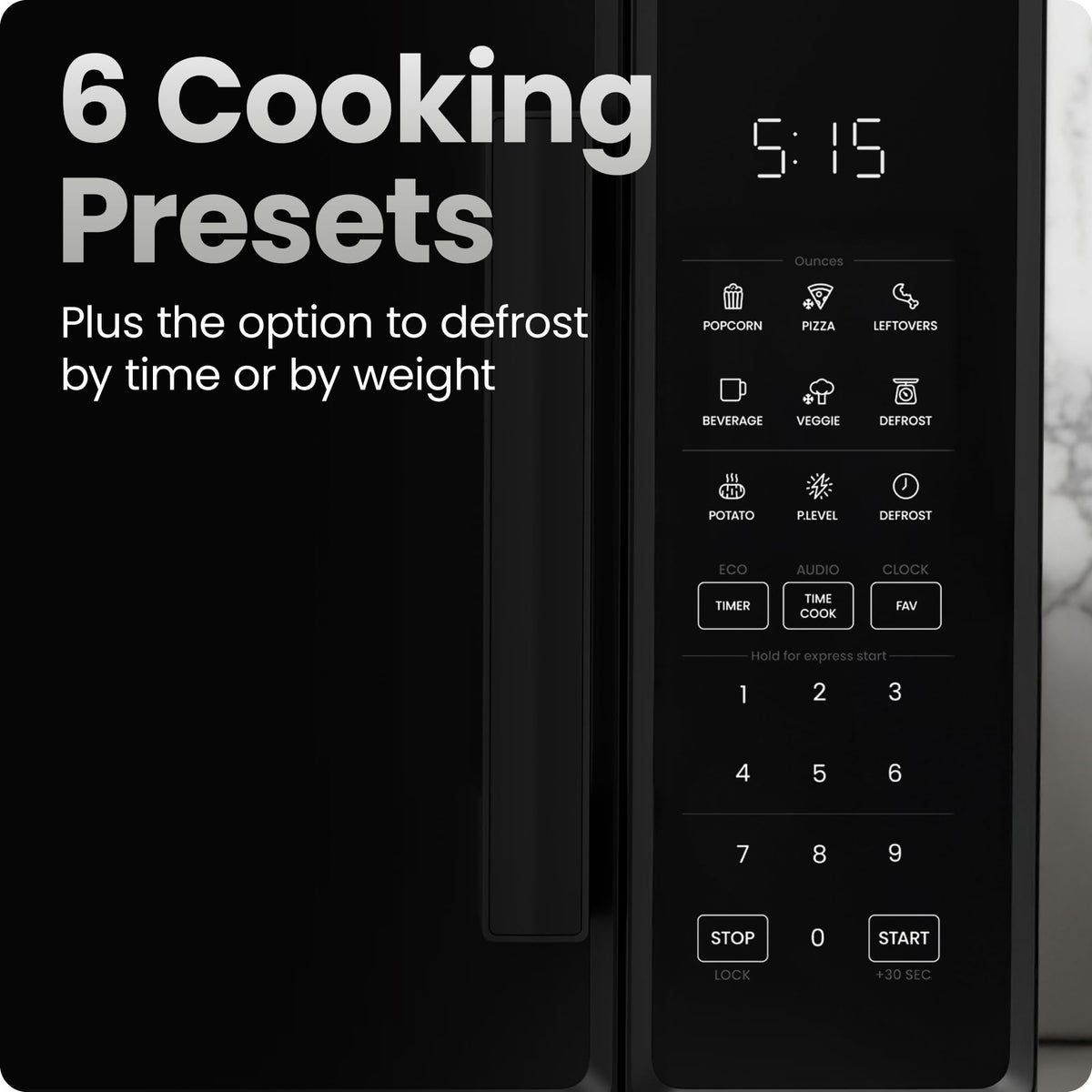Chefman Countertop Microwave Oven 1.1 Cu. Ft., 1000 Watts with 10 Power Levels, 6 Cooking Presets with One-Touch Express Cook, Eco Mode, Child Safety Lock, & Mute Button - Black