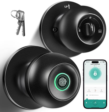 Fingerprint Door Lock, Smart Fingerprint Door Knob with Lock, Biometric Door knob with App Control & Key, Keyless Thumbprint Entry Door Lock for Bedroom, Front Door, Home, Apartment Office and Garages