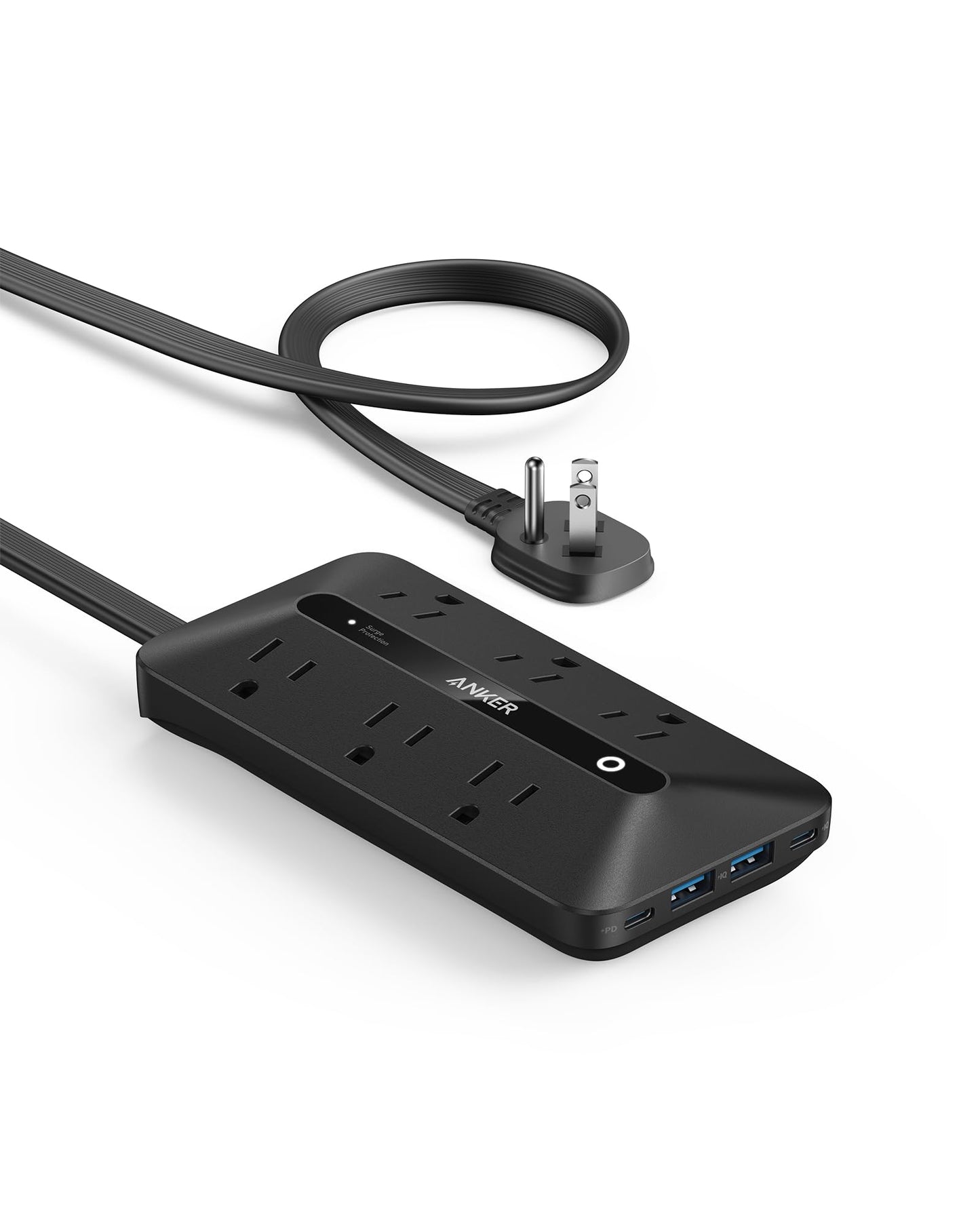 Anker Flat Plug Power Strip 300J with USB Ports, 10-in-1 Ultra Thin Power Strip with 6 AC, 2 USB-A and 2 USB-C Ports,10feet Extension Cord, Desk Charging Station,Home Office College Dorm (Black, 10FT)