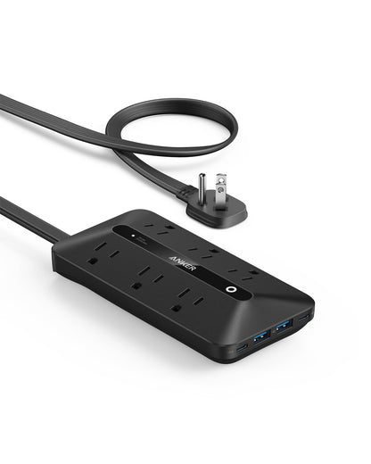 Anker Flat Plug Power Strip 300J with USB Ports, 10-in-1 Ultra Thin Power Strip with 6 AC, 2 USB-A and 2 USB-C Ports,10feet Extension Cord, Desk Charging Station,Home Office College Dorm (Black, 10FT)