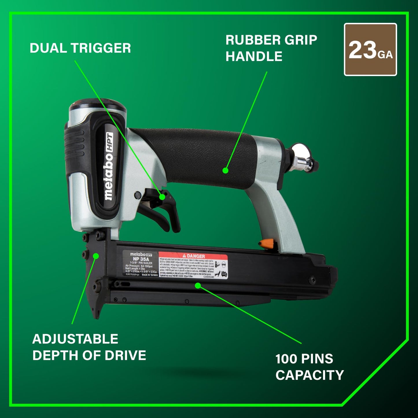 Metabo HPT Pin Nailer, Pro-Preferred Pneumatic Power Nailers for Cabinets, Trim, and Crafting, Makes Invisible Holes, Lightweight 2.0 lbs Tool, 23 Gauge, 5/8" to 1-3/8" Headless Micro Pins, NP35A