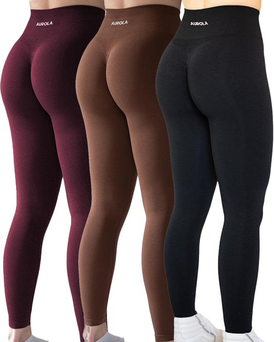 AUROLA 3 Pieces Pack Set Intensify Workout Leggings for Women Seamless Scrunch Tights Tummy Control Gym Fitness Sport Active Yoga Pants