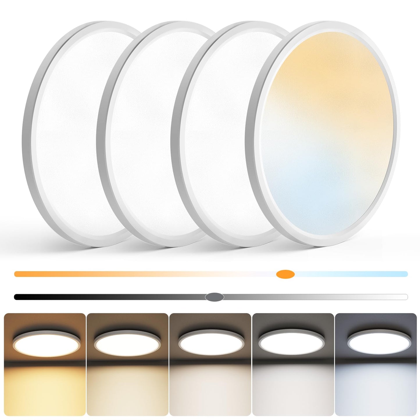 NIORSUN 12 inch Flush Mount LED Ceiling Light Fixture, Dimmable 3000K-6500K Adjustable Ceiling Lights, Ultra Thin White Round Lamp, 24W for Hallway, Kitchen, Bedroom, 4 Pack