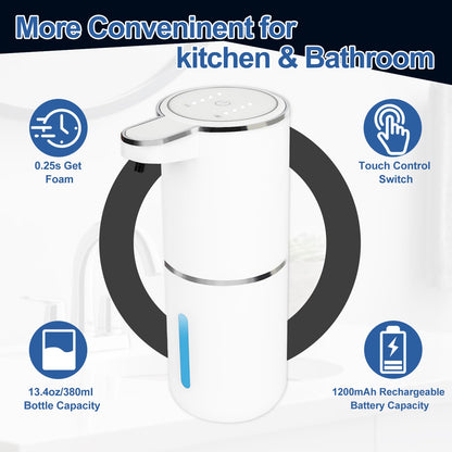Automatic Soap Dispenser Touchless-Rechargeable,Foam soap Dispenser-4 Adjustable Levels,4 Power Indicators-13.4oz-Suitable for Kitchen and Bathroom