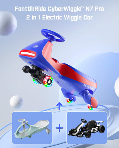 FanttikRide N7 Pro Electric Wiggle Car with Pedal, Rechargeable Battery, CyberWiggle, 2 in 1 Swing Car, 2 Speeds Max 4 Mph, Anti-Rollover, Flashing Wheels, Bluetooth, for Ages 3 and Up, 150 Lbs, Blue