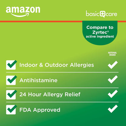 Amazon Basic Care 24 Hour Allergy Relief, Cetirizine Hydrochloride Tablets, 10 mg, 300 Count (Packaging may vary)