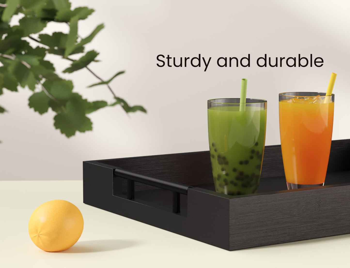 Fibogollo Bamboo Serving Tray with Metal Handles,17x12in Ottoman Decorative Trays Platter for Coffee Table,Living Room,Bar,Party,Large(Black)