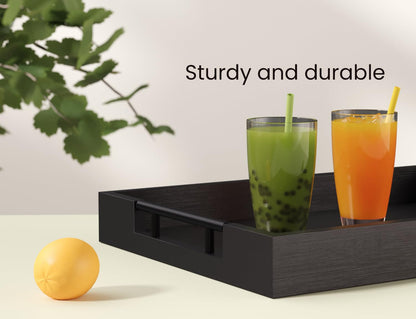 Fibogollo Bamboo Serving Tray with Metal Handles,17x12in Ottoman Decorative Trays Platter for Coffee Table,Living Room,Bar,Party,Large(Black)