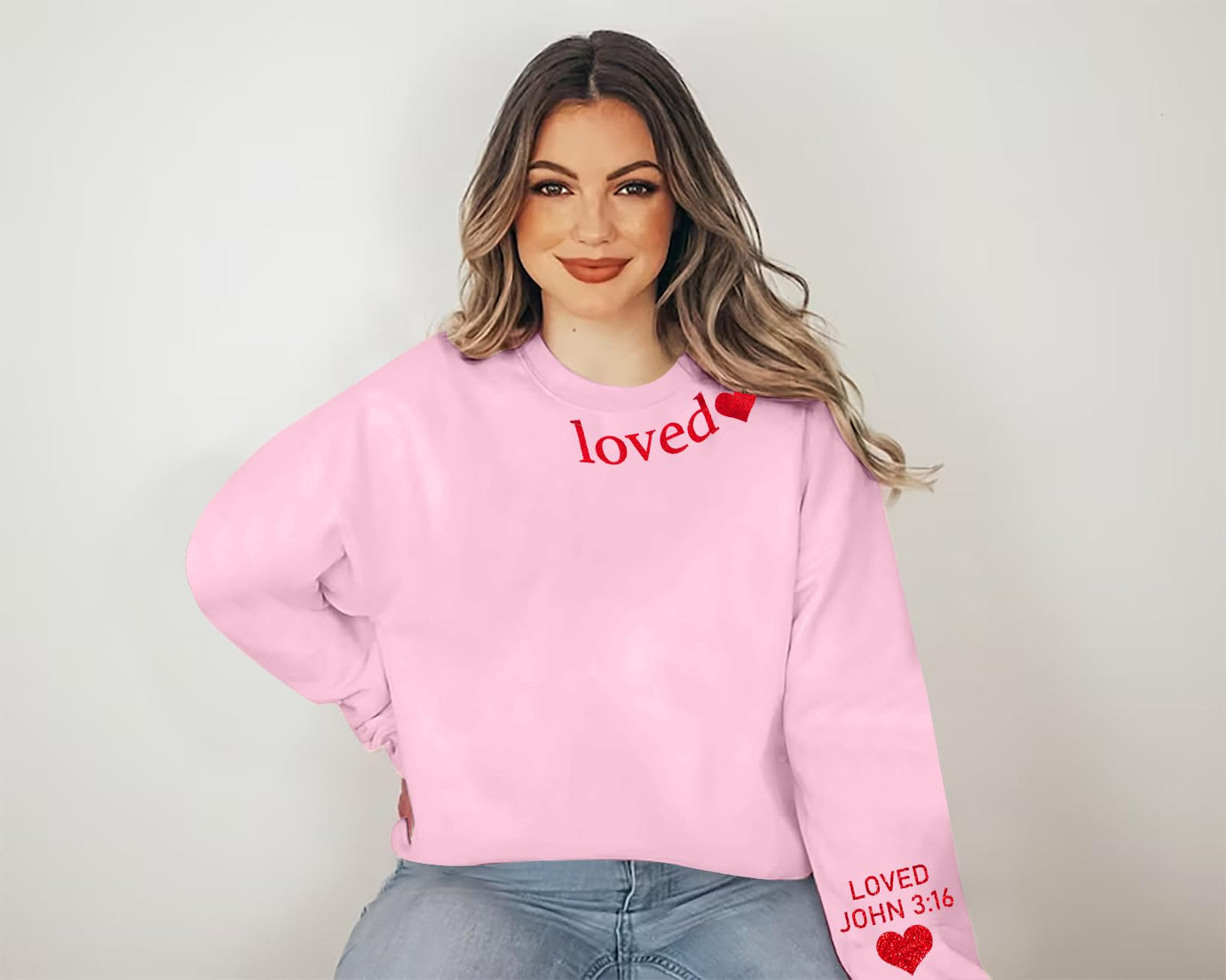 MOUSYA Valentines Day Sweatshirt Women Love Heart Graphic Shirts Christian Pullover Long Sleeve Tops Pink