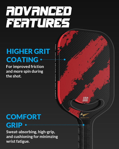 Warping Point Carbon Fiber Pickleball Paddle with Aero Throat, USAPA Approved Thermoformed Pickle Ball Rackets for Power & Spin, 16mm Polypropylene Honeycomb Core, Textured Carbon Grit Surface, Red