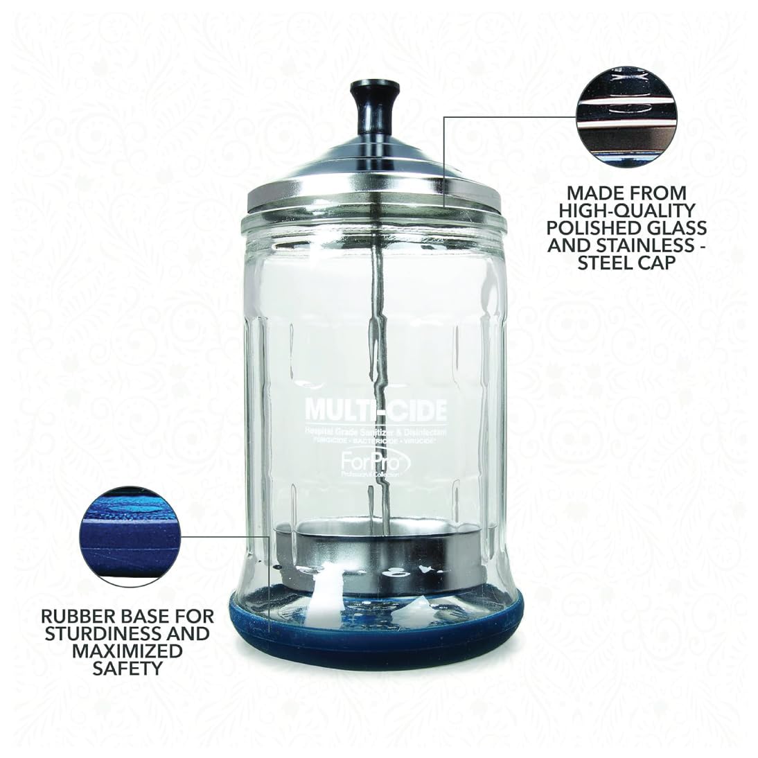 ForPro Professional Collection Multi-Cide Midsize Disinfecting Jar, Disinfectant Glass Jar for Manicure & Spa Implements, 21 Ounces