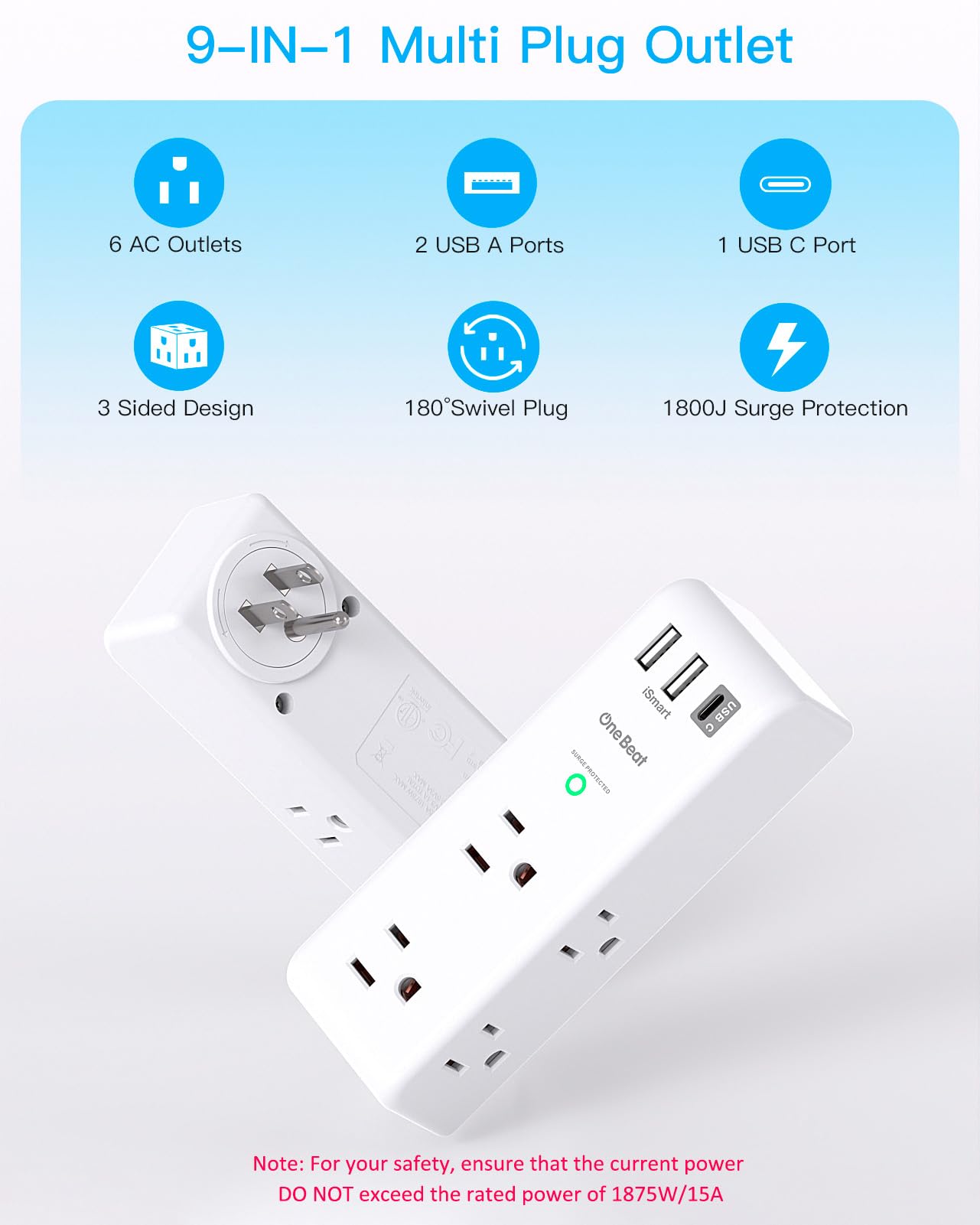 Surge Protector Outlet Extender with Rotating Plug, One Beat 6 AC Multi Plug Outlet with 3 USB Ports (1 USB C), 1800J Wall Charger, 3-Sided Power Strip Spaced Outlet Splitter for Home Office Travel