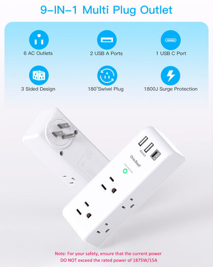 Surge Protector Outlet Extender with Rotating Plug, One Beat 6 AC Multi Plug Outlet with 3 USB Ports (1 USB C), 1800J Wall Charger, 3-Sided Power Strip Spaced Outlet Splitter for Home Office Travel