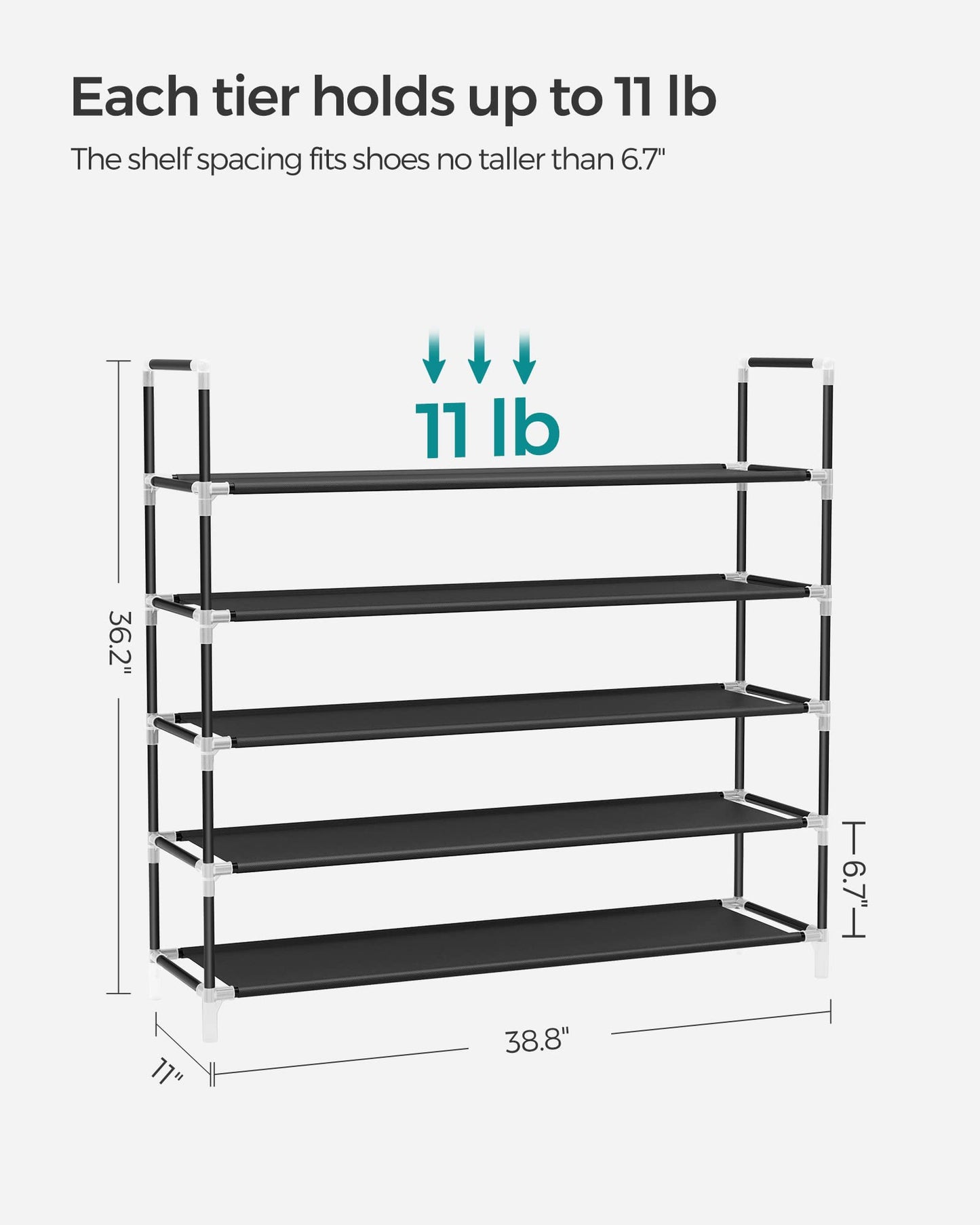 SONGMICS 5-Tier Shoe Rack, Shoe Storage for Hallway Closet, Slim and Space-Saving, Metal Frame, Non-Woven Fabric Shelves, Black ULSH55H
