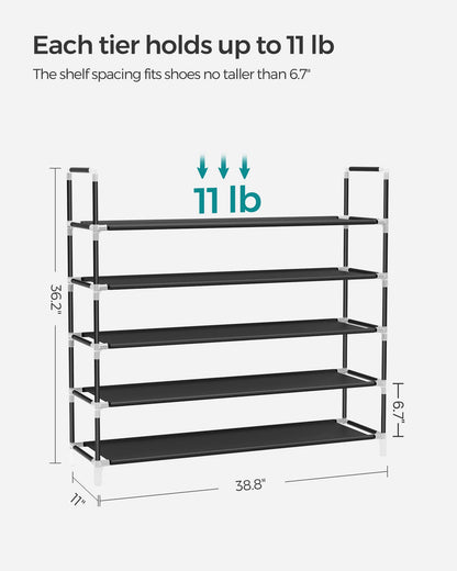 SONGMICS 5-Tier Shoe Rack, Shoe Storage for Hallway Closet, Slim and Space-Saving, Metal Frame, Non-Woven Fabric Shelves, Black ULSH55H