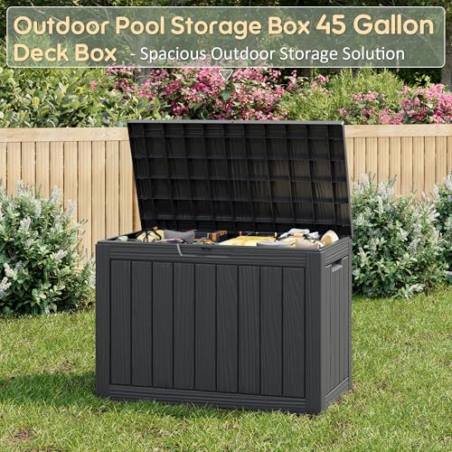 KAMABOKO 45 Gallon Outdoor Storage Box, All-Weather Deck Box for Patio Furniture, Package Deliveries, Garden Tools, Pool Supplies & Cushions, Black