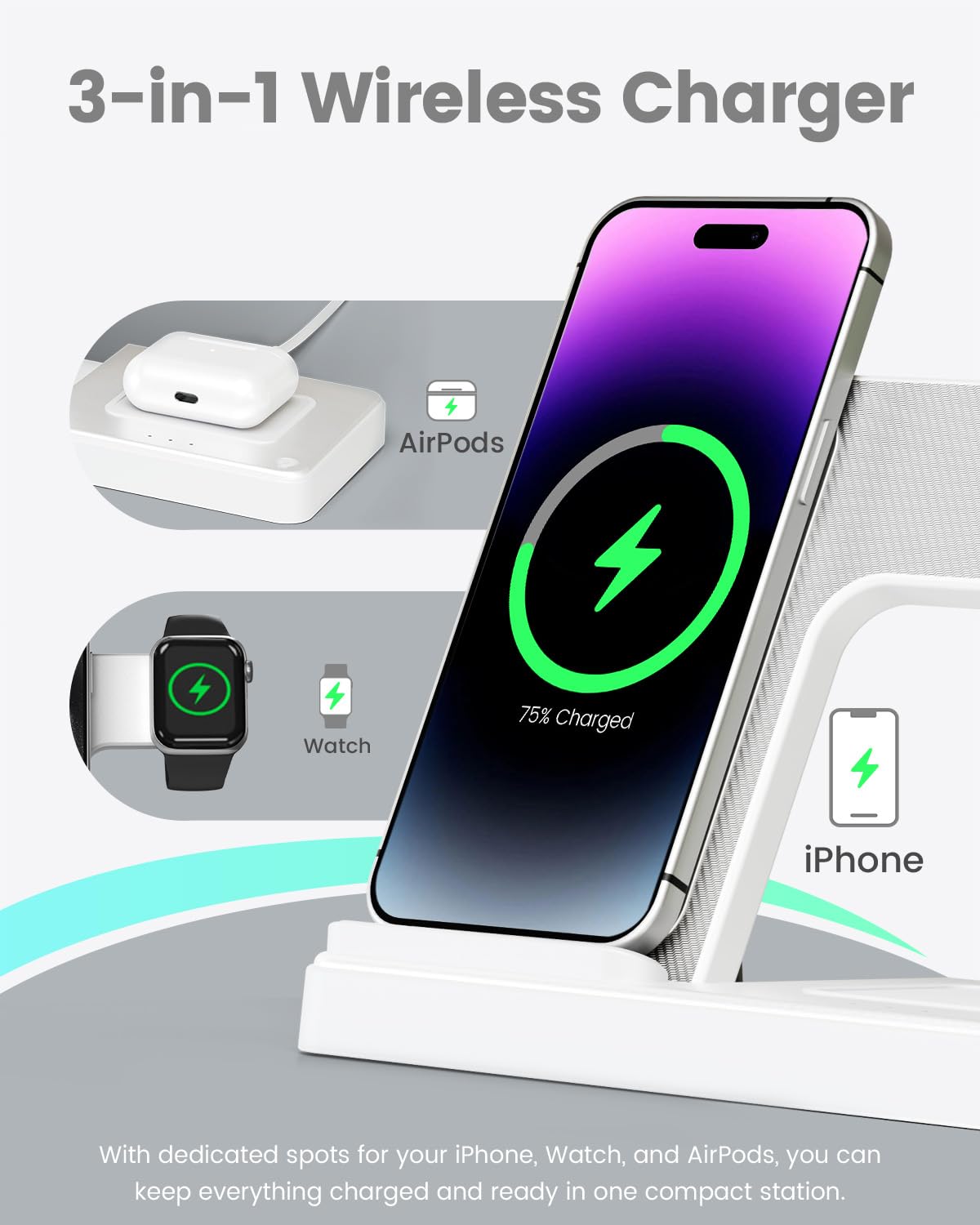 Wireless Charger Charging Station: 3 in 1 Charger Stand for Apple Multiple Devices Product for iPhone 16 15 14 Pro Max 13 12 11 for Watch 10 9 8 7 6 5 4 3 2 SE & Ultra for Airpods 4 3 2 Pro
