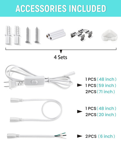 SUNLINKCO (4 Pack) 4FT T5 LED Shop Light,6500K,20W,2300LM(Super Bright White) Linkable LED Integrated Fixture,Garage Ceiling and Cabinet Light,Strip Light,Corded Electric with ON/Off Switch