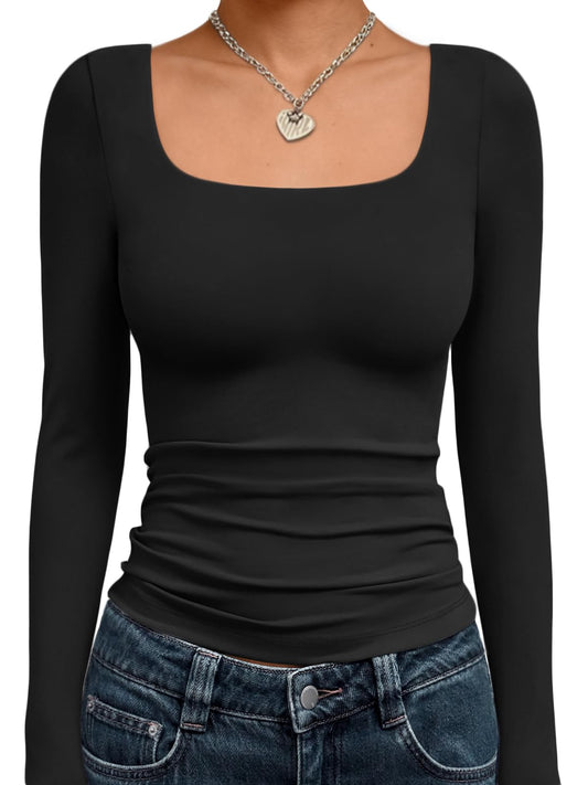 Trendy Queen Womens Long Sleeve Shirts Crop Scoop Neck Tops Fall Fashion Solid Going Out Basics Tees Y2k Clothes 2026 Black S