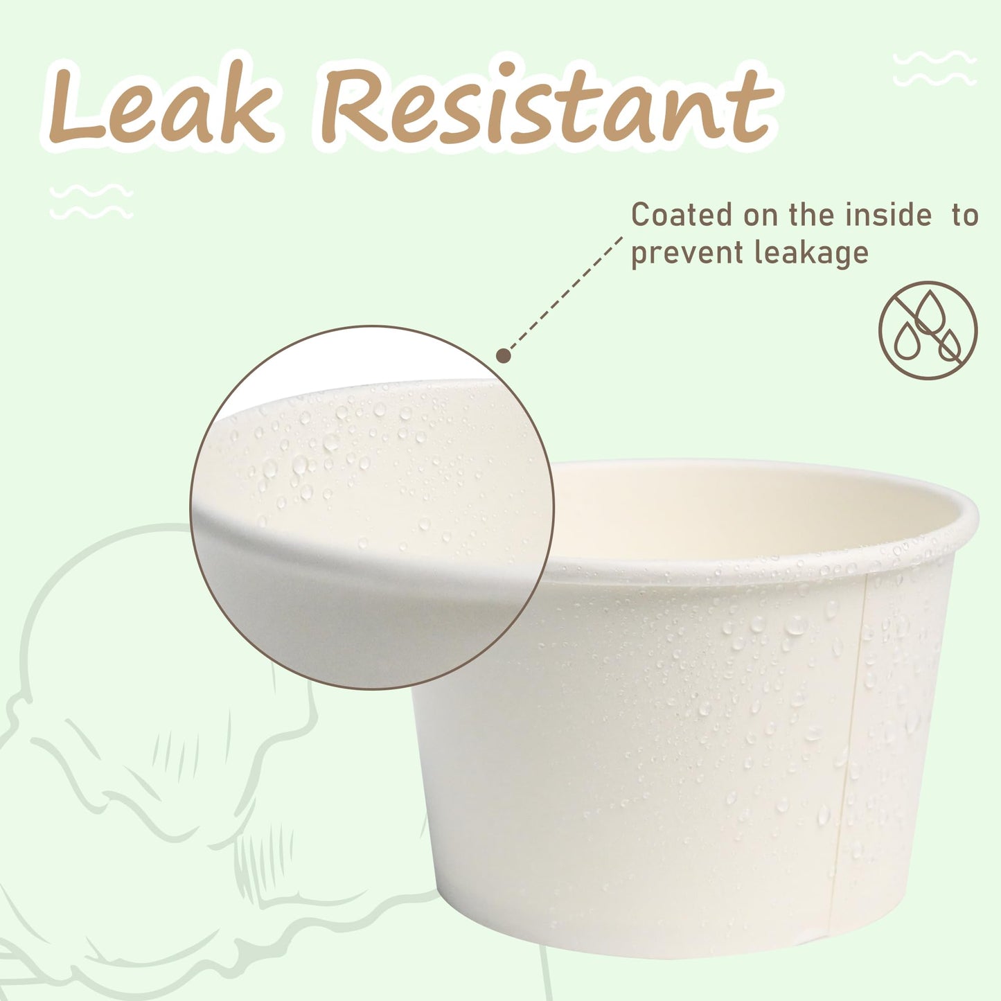 ESSENTIAL Paper Ice Cream Cups, 50pcs 8oz Disposable Dessert Bowls for Hot or Cold Food, Paper Snack Containers for Sundae, Frozen Yogurt, Soup (White)