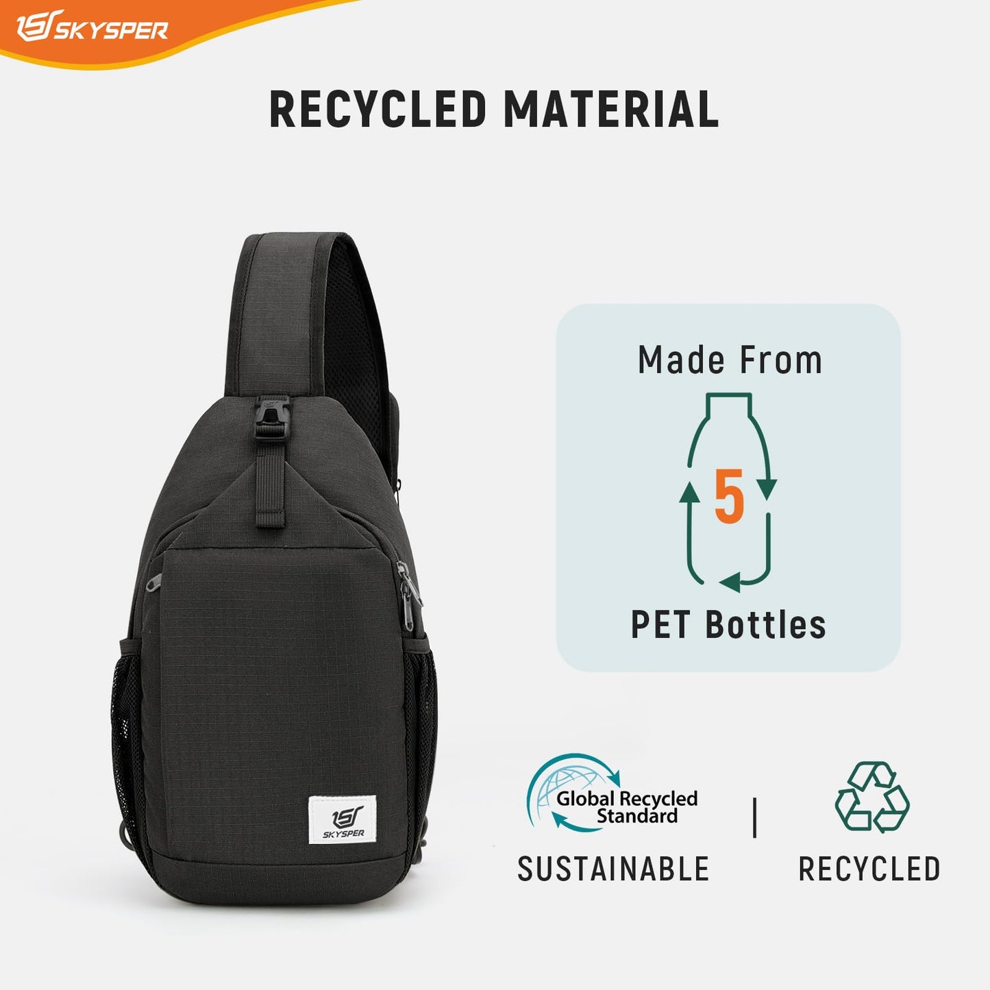 SKYSPER Sling Bag RFID Cross Body Bag Recycled Crossbody Backpack Travel Daypack(Black)