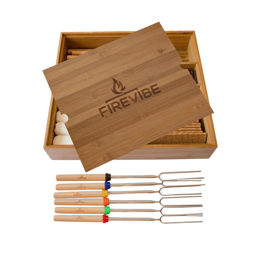 Smores Kit | Custom Bamboo Box with 6 Piece Smores Sticks for Fire Pit Outdoor | Attractive Portable Smores Kit for Fire Pit Outdoor or Indoor Smores Kits | Smore Kit with Smore Sticks