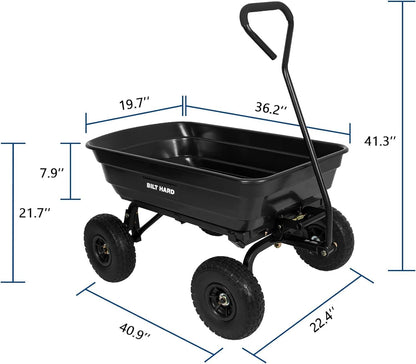 BILT HARD 4 Cu.Ft. 10" No-Flat Tires Poly Yard Dump Cart with 180° Rotating Handle, 600 lbs Capacity Heavy Duty Garden Carts and Wagons