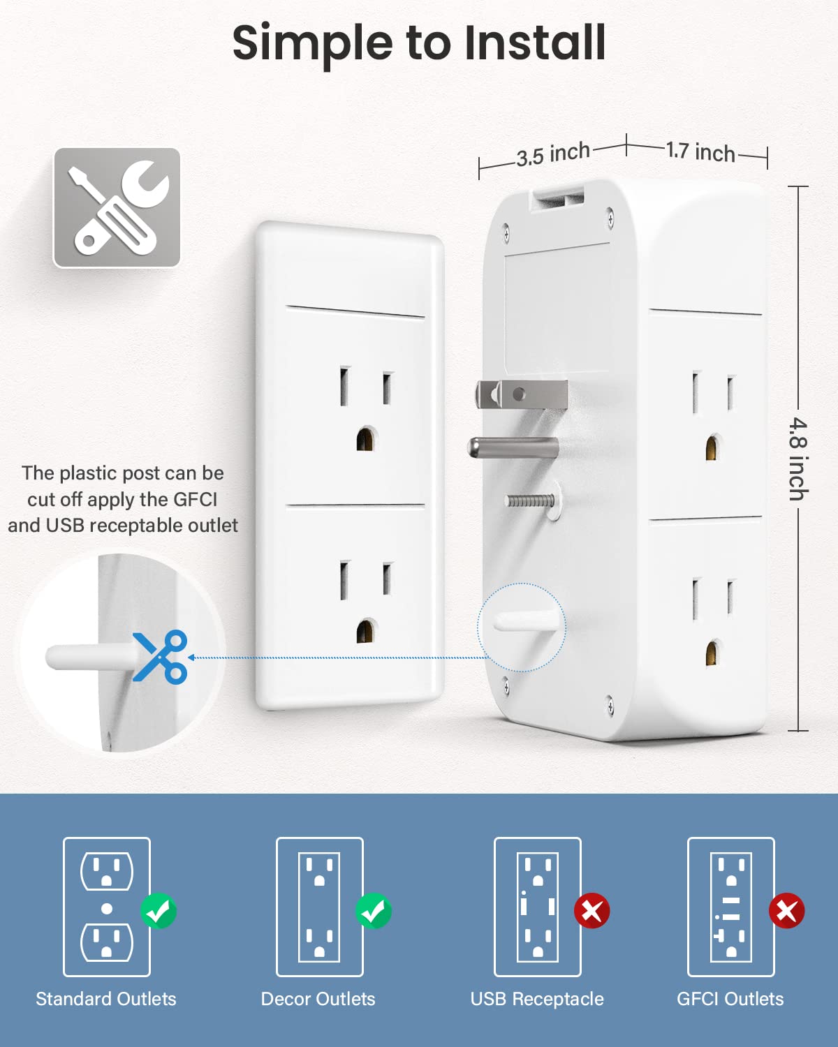 Mifaso 3-Sided Multi Plug Power Strip, Wall Extender with Shelf, Night Light & Surge Protector, USB Wall Charger with 5 AC Wide Space Outlets and 3 USB & 1 C Port, White
