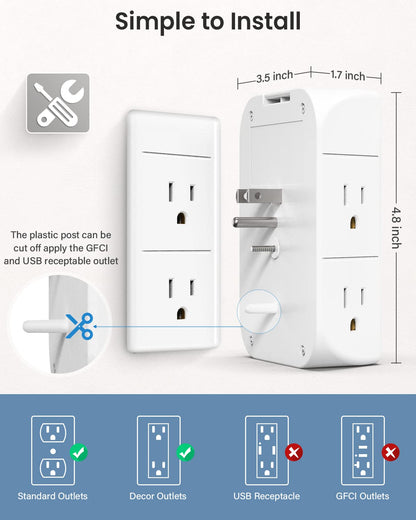 Mifaso 3-Sided Multi Plug Power Strip, Wall Extender with Shelf, Night Light & Surge Protector, USB Wall Charger with 5 AC Wide Space Outlets and 3 USB & 1 C Port, White
