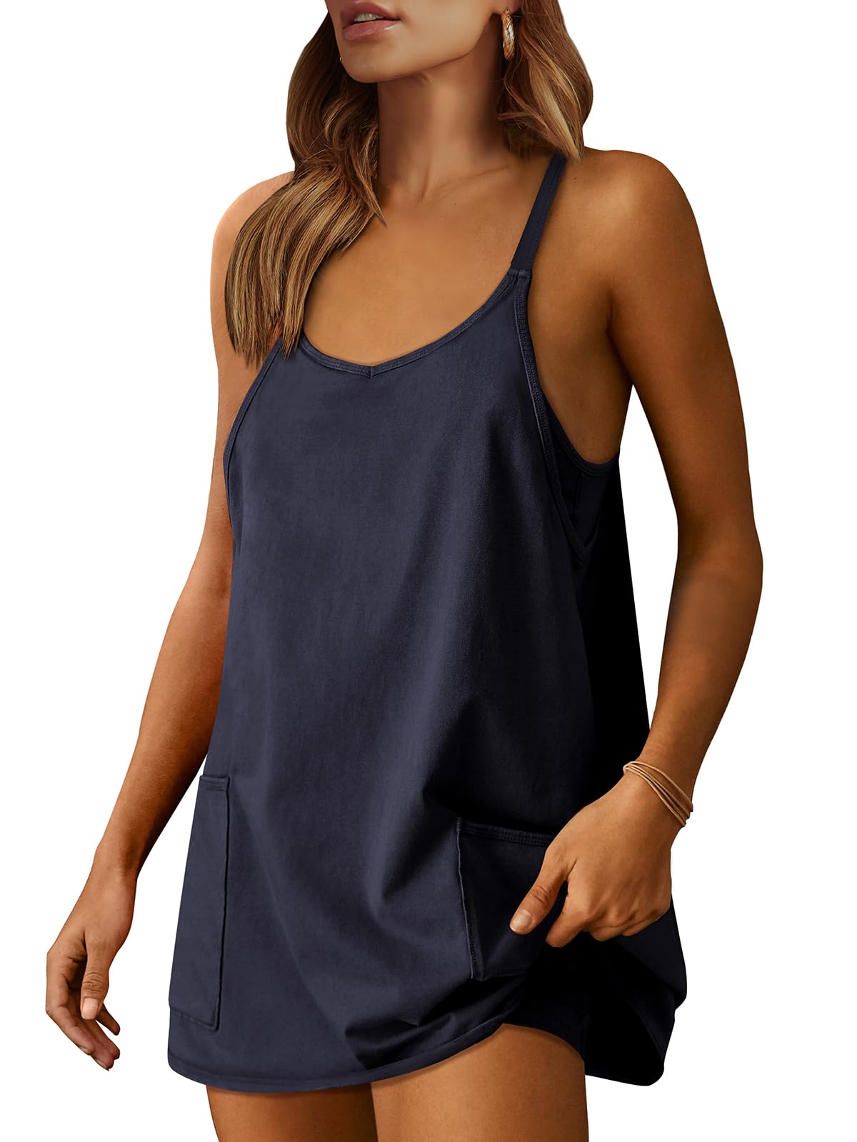 ANRABESS Women Athletic Dress Summer Tennis Workout Active Sports Mini Romper Dress Built in Shorts Travel Vacation Clothes Navy Blue Small