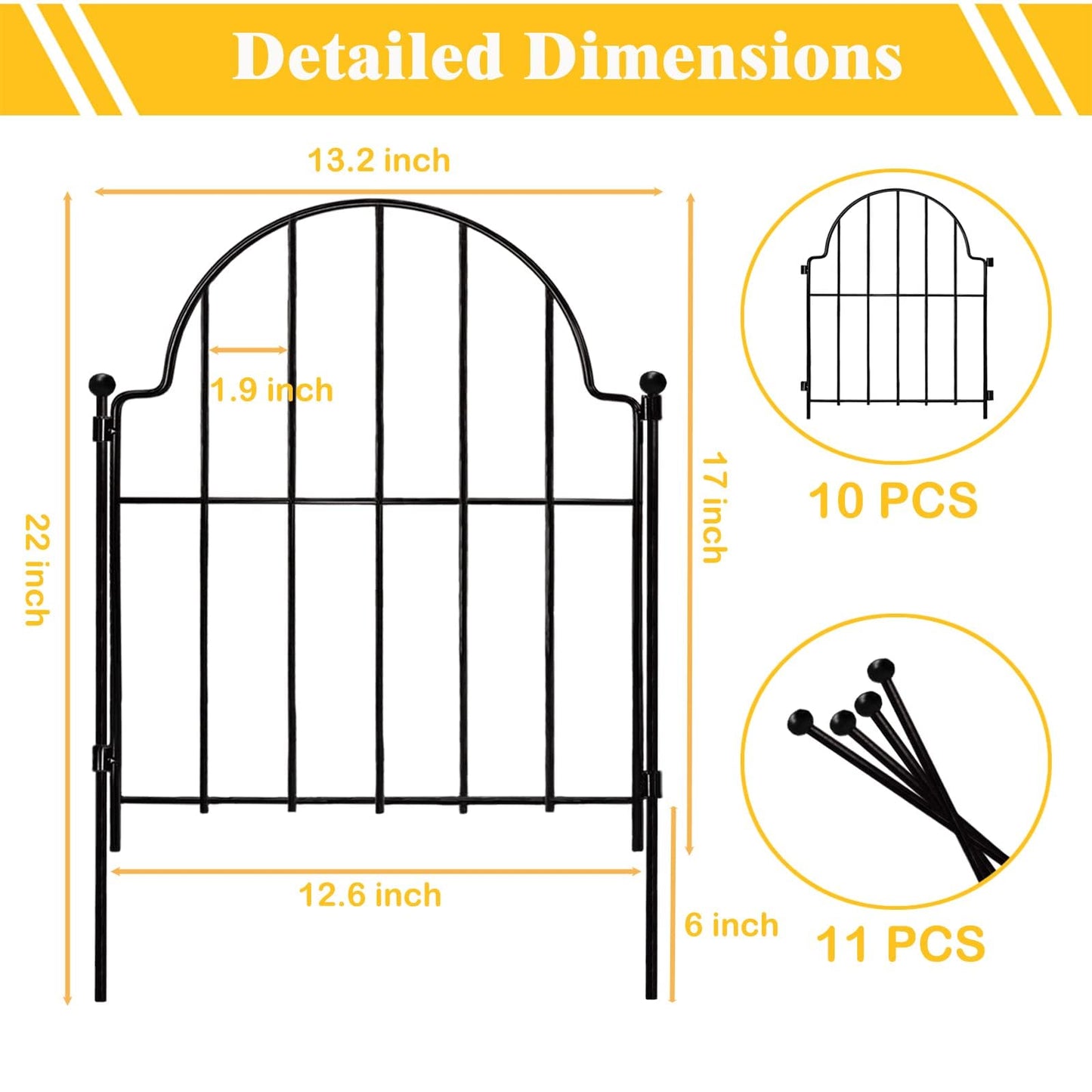 Blingluck Garden Fence, 22 in(H) x 130 in(L) Arched Rustproof Metal No Dig Fence Garden Fence Border, Ground Stake Animal Barrier Fence for Rabbit Dog, Outdoor Decor for Yard & Patio