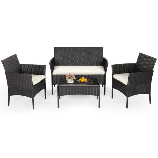 FDW | 4-Piece Patio Furniture Set | Outdoor Wicker Furniture with Coffee Table | Modern Rattan Chairs Conversation Set | Outdoor Seating | Weather-Resistant | Black | for Porch, Garden, Lawn