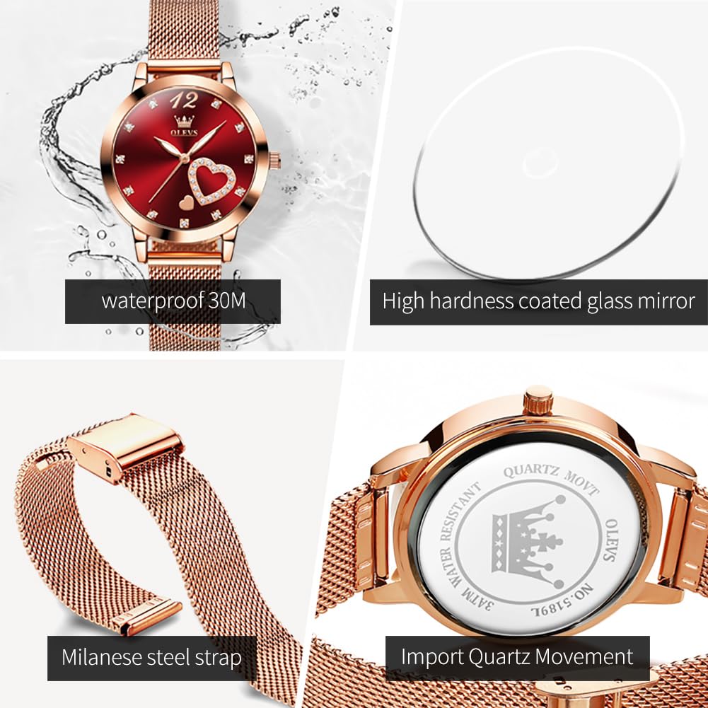 OLEVS Rose Gold Watch for Women Mesh Strap Fashion Dress Hearts Japanese Quartz Waterproof Luminous Ladies Watches Bracelet Sets Red