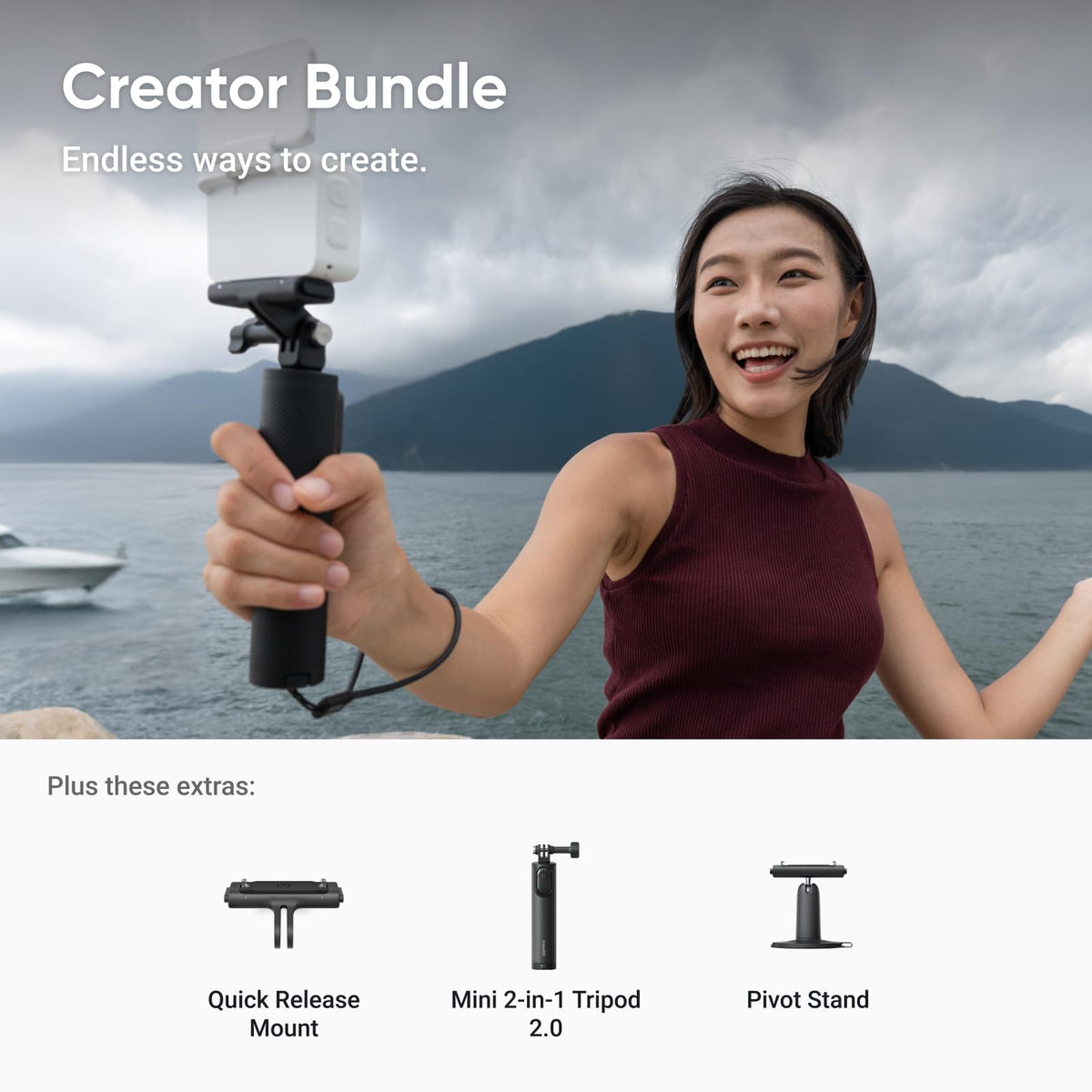 Insta360 GO Ultra Creator Bundle - Small 4K Vlogging Camera, Hands-Free, POV Cam, 1/1.28" Sensor, 53g Lightweight, 156° FOV, 200 Min Battery Life, Magnetic Wearable Action Camera for Sports, Vlog