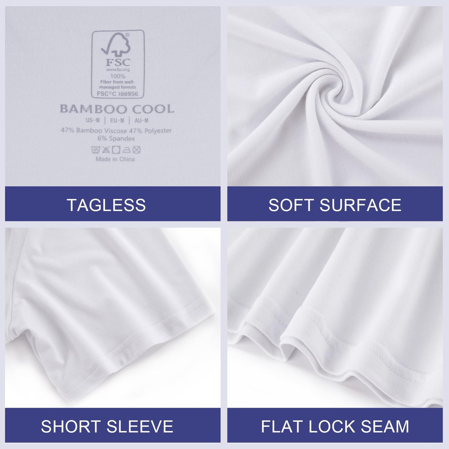BAMBOO COOL Mens Undershirts Pack, Soft T Shirts for Men, Moisture Wicking Tees, Stretchy Breathable Crew Neck Inner Shirt White