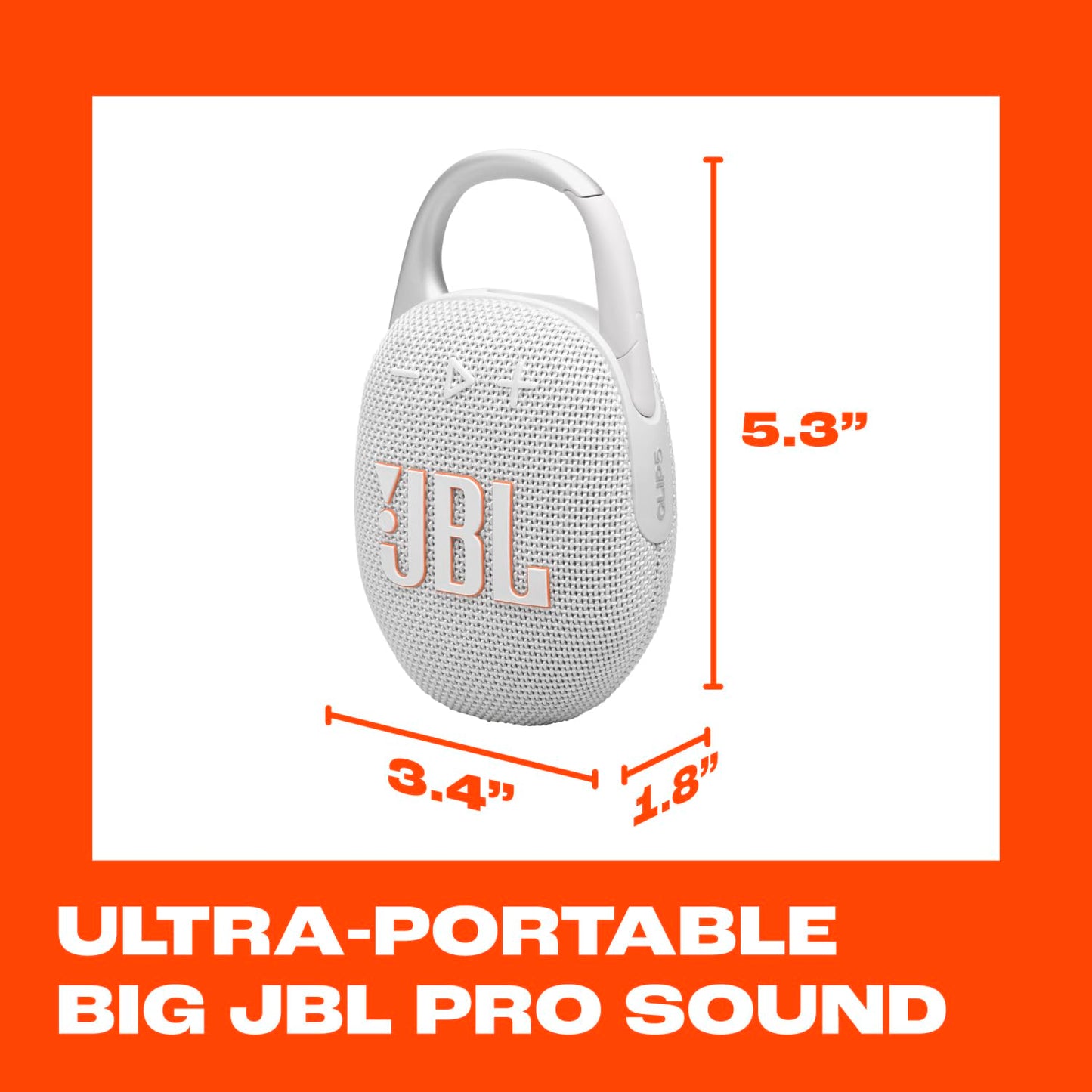 JBL Clip 5 - Ultra-Portable, Waterproof & Dustproof Bluetooth Speaker, Big JBL Pro Sound with Punchy bass, Integrated Carabiner, Up to 12 Hours of Play, Made in Part with Recycled Materials (White)