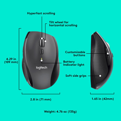 Logitech M705 Marathon Wireless Mouse, Gaming Mouse Wireless, 2.4 GHz USB-A Receiver, 5-Programmable Buttons, 3-Year Battery, PC, Mac, Laptop, Chromebook - Black